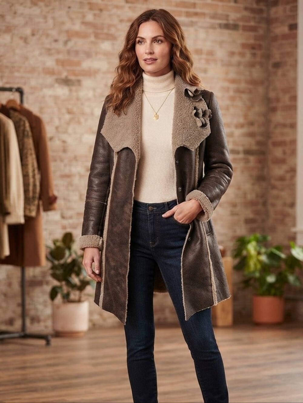 Montana Co. Vintage Brown Faux Shearling Coat Wide Sherpa Collar Sz Small